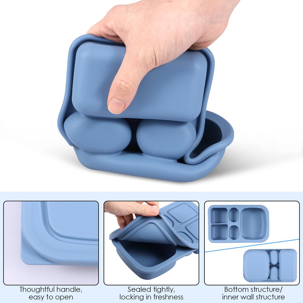 2 Stück Silikon-Snackbehälter mit Deckeln 5 Fächer Mahlzeitenbox zur Gewichtsreduktion Wiederverwendbare Bento-Box für Kleinkind, Erwachsenen, Büro, Schule