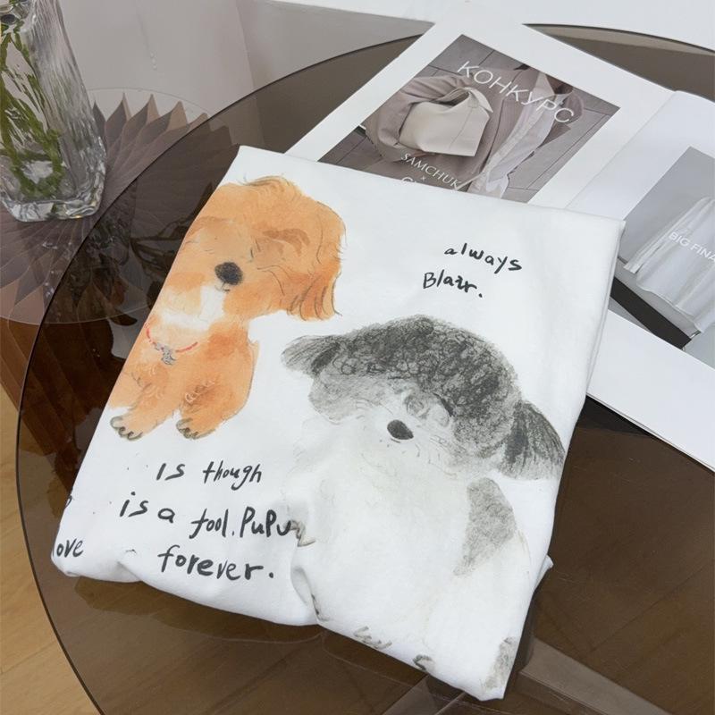 ID25 Early Autumn Puppy Print Rolled Edge Long Sleeve Loose Pullover