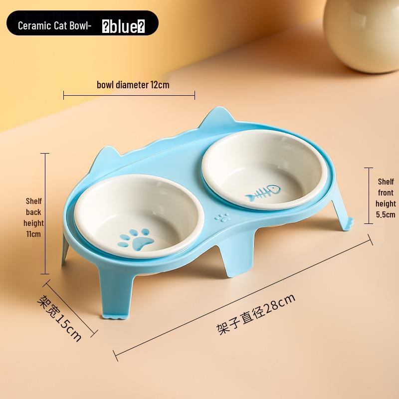 Ceramic Double Cat Bowl with Elevated Slanted Design for Cervical Protection - Ideal for Food and Water