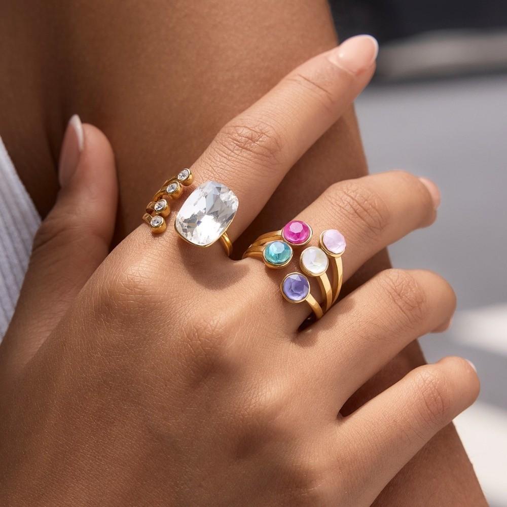 Stainless Steel Open Ring Elegant Finger Ring New Geometric Crystal Ring for Women