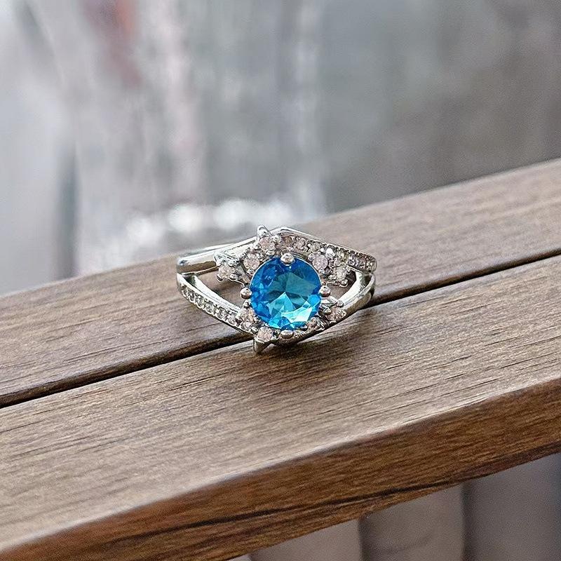 New Niche Light Luxury High Sense Sea Blue Zircon Super Fairy Open Ring Simple Fashion Jewelry Women
