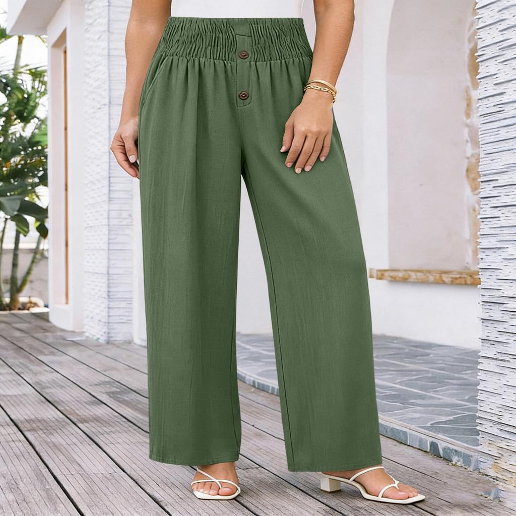 Women's High Waisted Linen Wide Leg Pants Cotton Linen Blend Wide Leg Trousers With Elastic Waistband Casual Button Down Pants