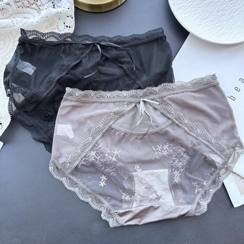 Women's Spring Summer Satin Light Luxury Ice Silk Lace Sexy Mid Waist Panties