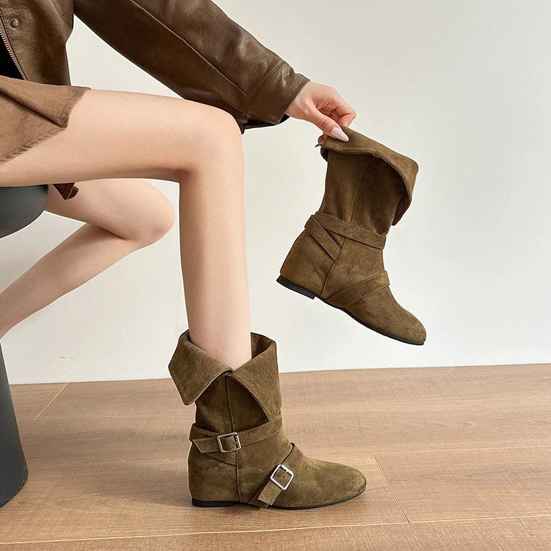 

Cowhide version retro belt buckle medium boots women s new thin and versatile western boots inner height increase Martin boots 40 верблюд