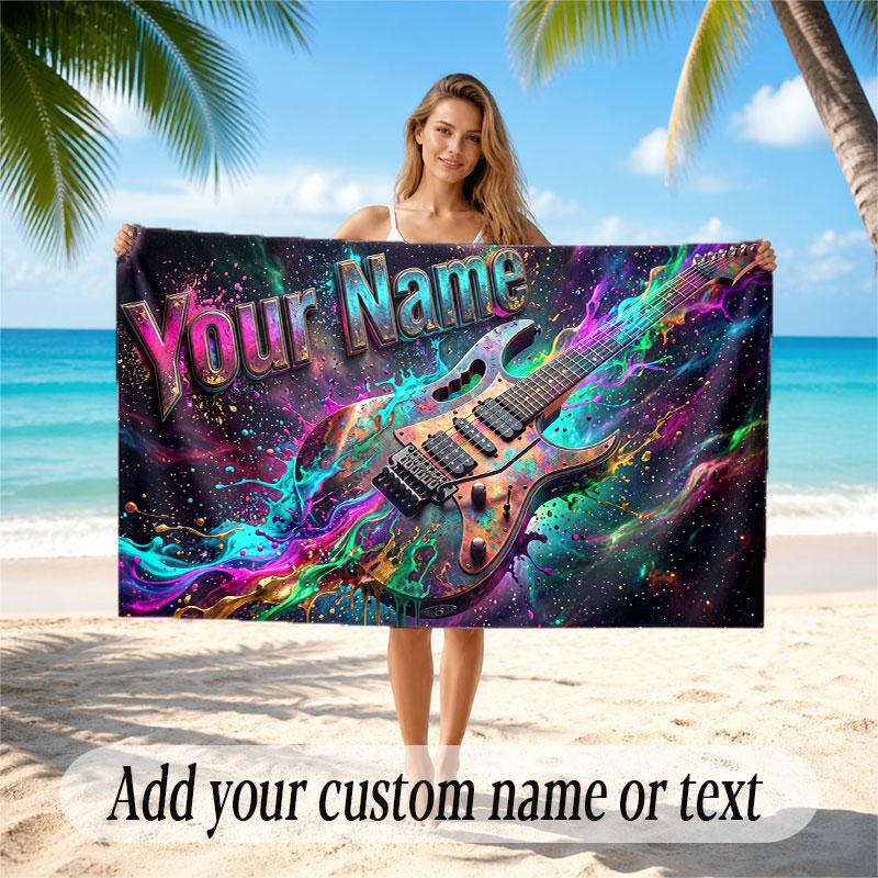 Music Guitar Theme Beach Towel Personalized Custom Name & Text Soft Quick Dry Beach Towel for Swimming Travel