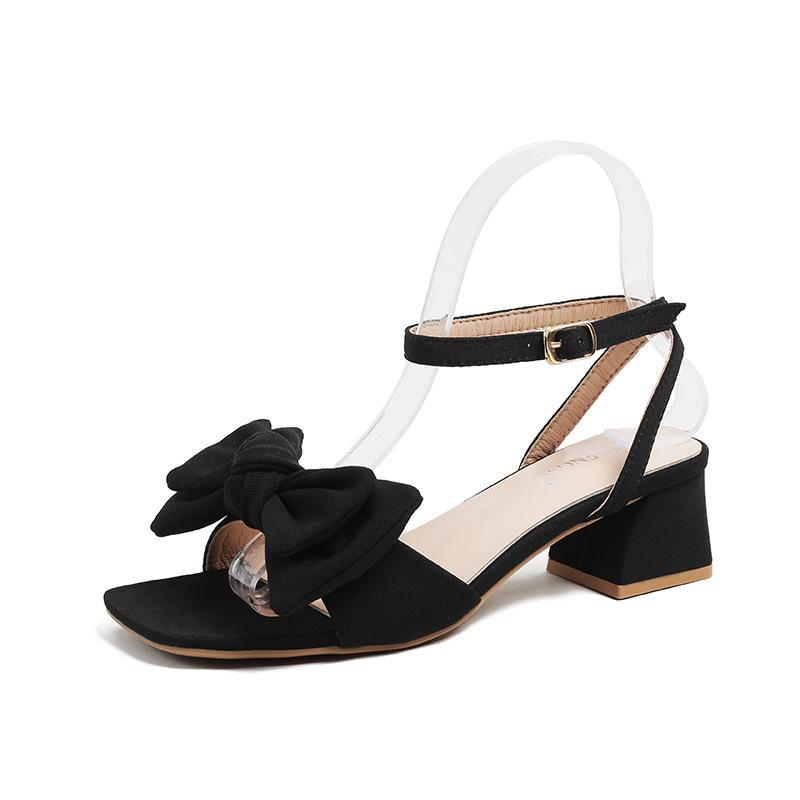 YD- [] Gentle Wind Bow Word with Square Head Short Heel Soft Sole Sandals Women
