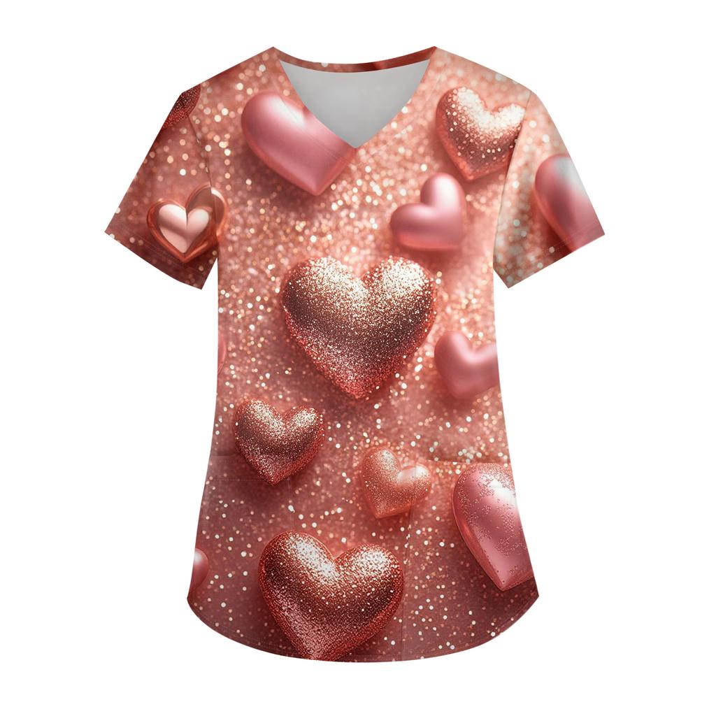 Damen Valentinstag Bedruckt Modisch V-Ausschnitt Tasche Kurzärmelig Uniform Und Pflegeroberteil