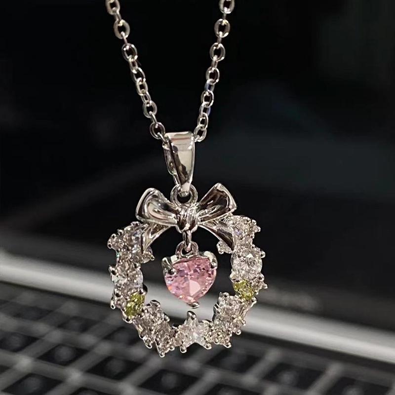Elegant Pink Sweet Crystal Heart Pendant Necklace for Women Girl Y2K Zircon Bow Knot Romantic Choker Aesthetic Jewelry Gift
