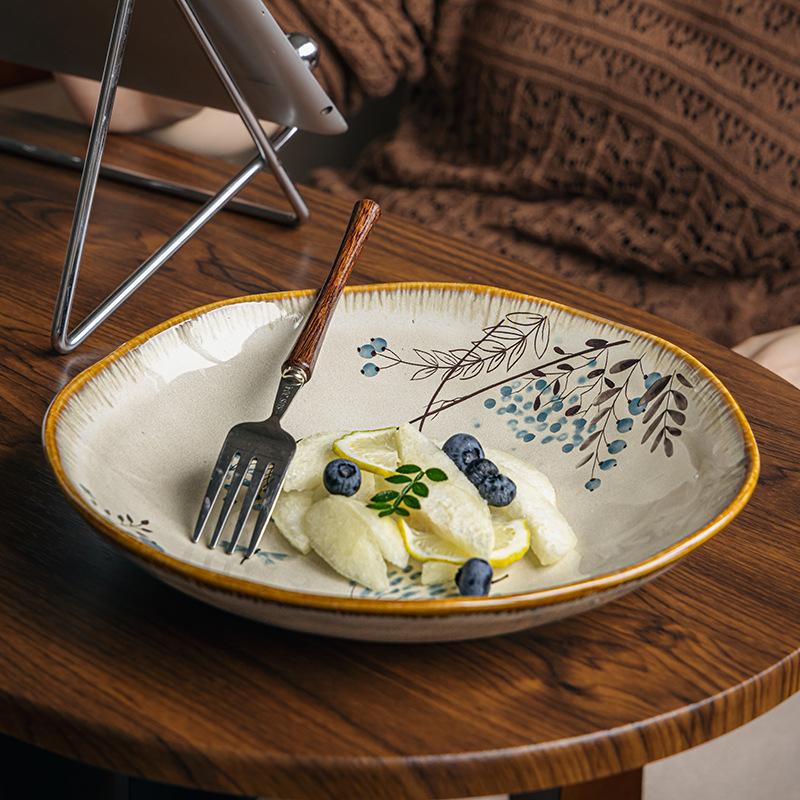 Vintage Flower Large 9-Inch Ceramic Plate Irregular Salad Plate Premium Sense Vegetable Bowl Soup Plate Export