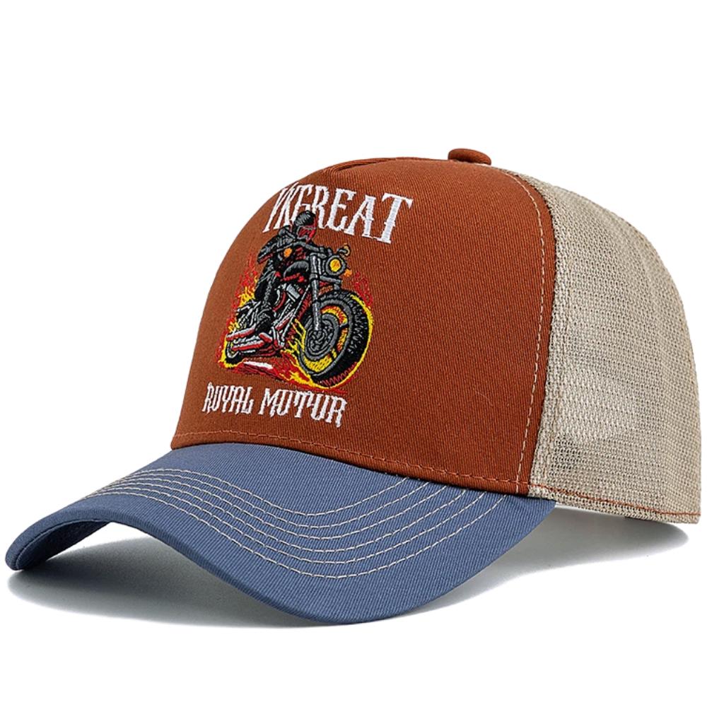 New Motorcycle Embroidered Trucker Hat Flame Biker Patch Baseball Cap For Man Woman Breathable Streetwear Summer Mesh Caps