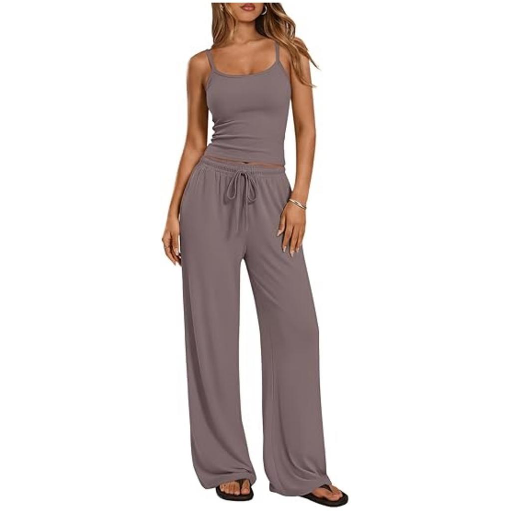Women's Loose Fit Two-piece Loungewear Set Sleeveless Spaghetti Strap Camisole Drawstring High Waist Wide Leg Pants Matching Tracksuit