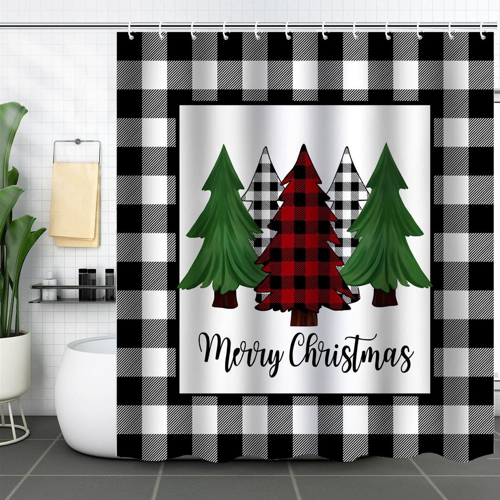 Best-Selling Christmas Digital Print Shower Curtain Waterproof, Includes Plastic C-Shaped Hooks