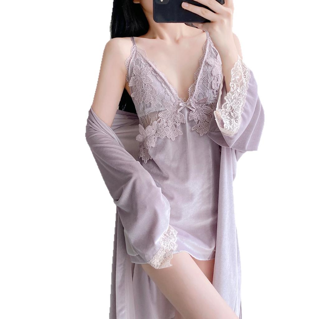 Yase [Gorgeous Flowers] New velvet nightdress women's exquisite lace heavy industry design hanging skirt with chest pad set