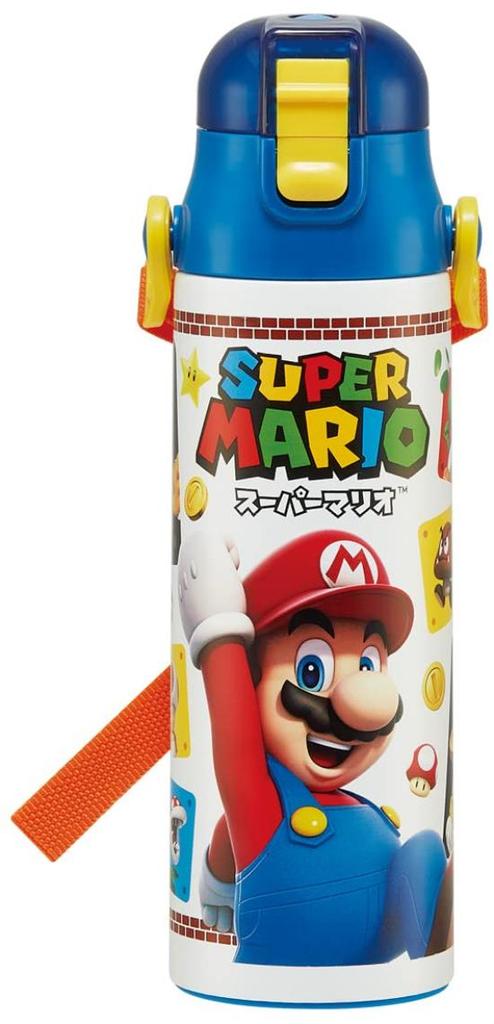 Skater Kids' Stainless Steel Water Bottle, 2-Way Design, 580ml (Direct Drinking) or 570ml (Cup Drinking), Super Mario 23 Design, Kid-Friendly and