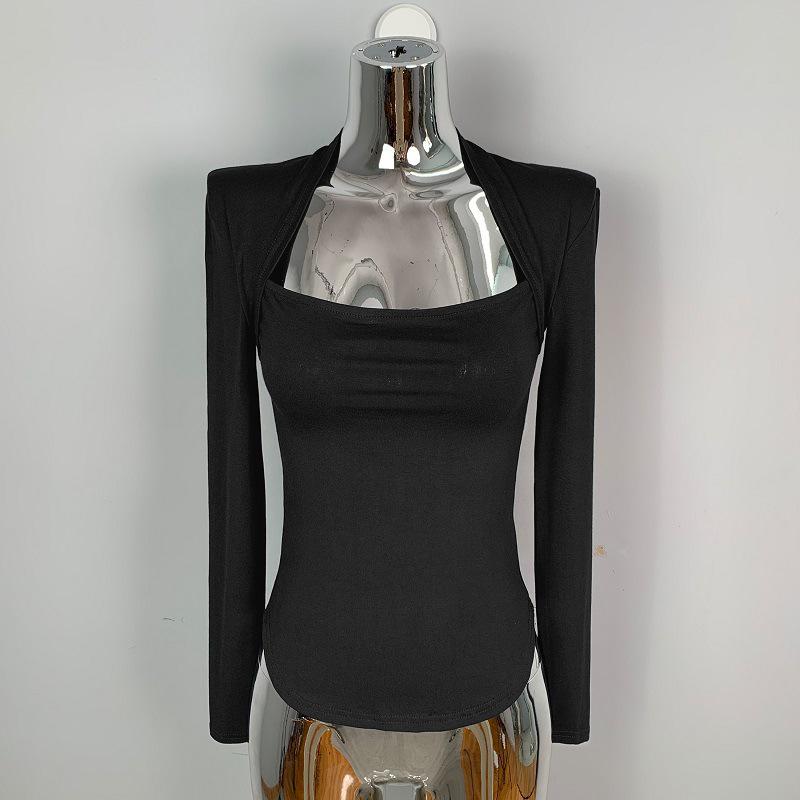 Korean Dongdaemun Sexy Square Neck Slimming Long Sleeve Low-Cut Top for Women