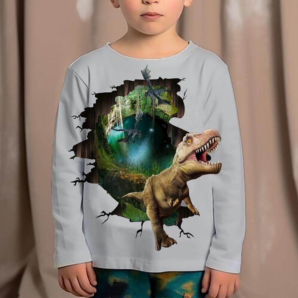 Korean Children's Clothing 2023 Kids Replica Brands 3d Print Animals Dinosaur Tops For Boys Fashion Autumn T-Shirt Full Sleeve