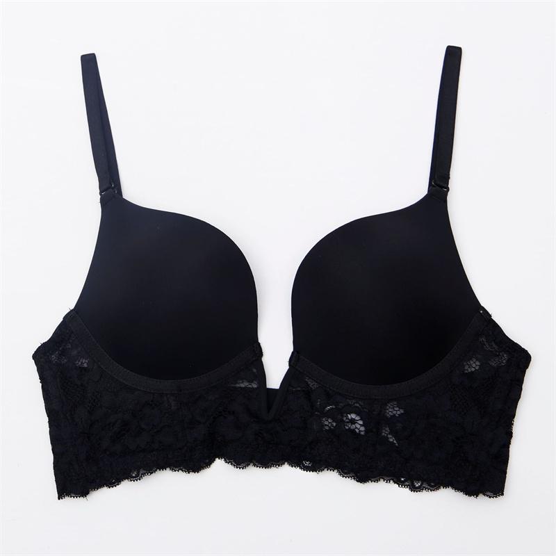 French Sexy Bra Deep V Seamless Underwear Women Lace Embroidery Push Up Bras Summer Detachable Strap Backless Brassiere