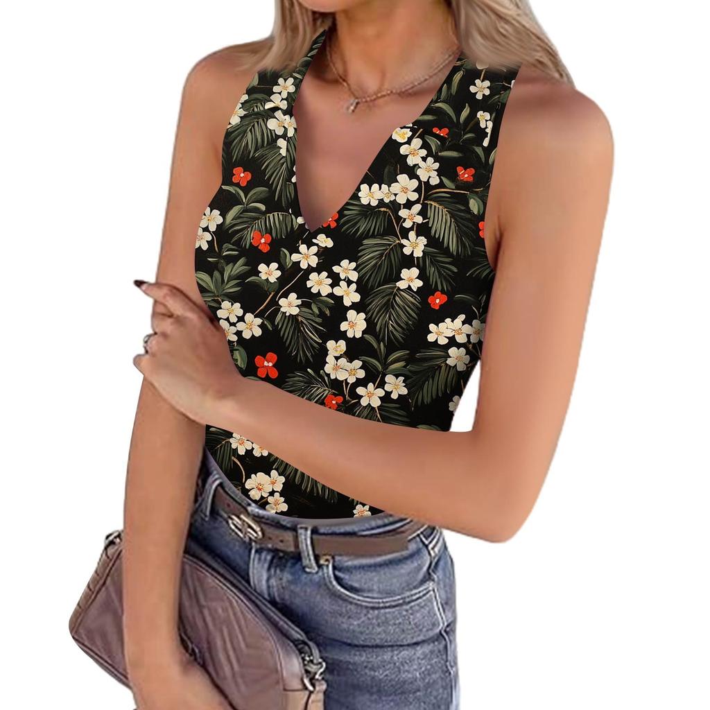 Damen Sommer Mode Lässig Retro Print V-Ausschnitt Ärmelloses Top Skinny Tanktop