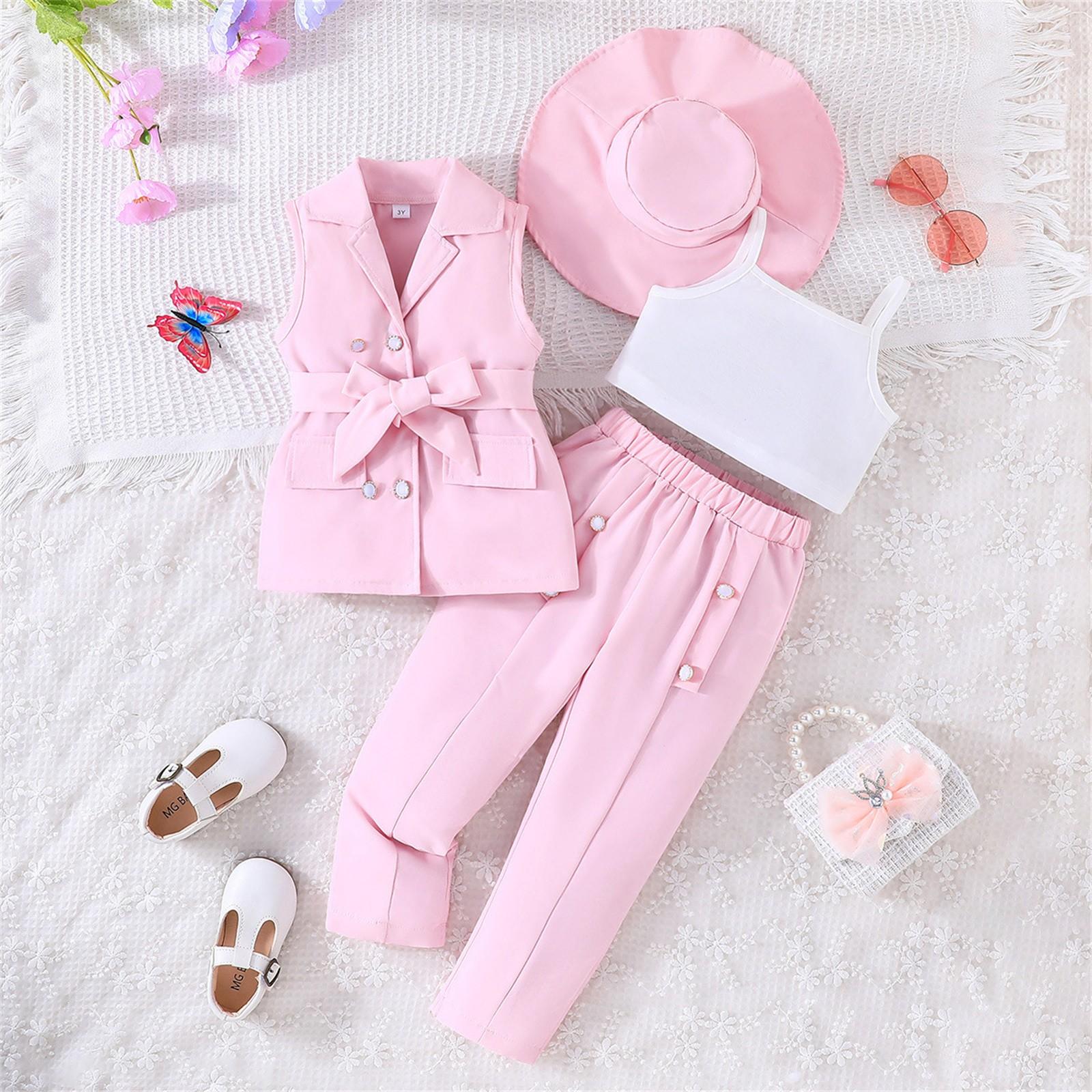 

Летний детский костюм брюки девочка костюм + шапка мода 4 комплекта 3Y розовый