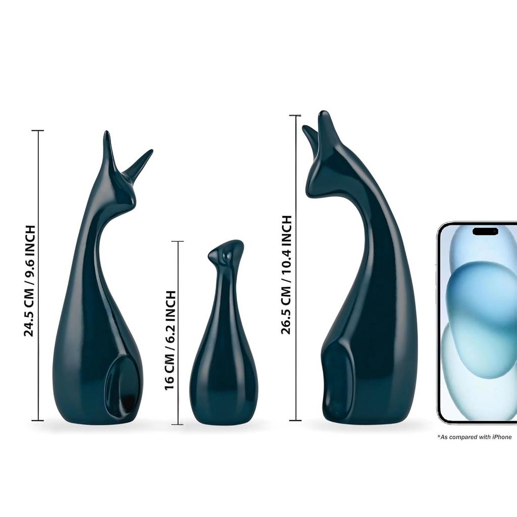 Keramiska 'Lycklig Hjortfamilj'-Figuriner Prydnadsföremål Pianolack Mörkblå för Heminredning Vardagsrum Kontor Hem - Set om 3