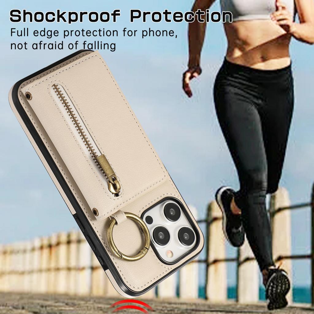 For iPhone 16 Pro Max Leather Back Cover Zipper Wallet Kickstand Phone Case with Shoulder Strap