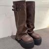 New Ladies Chunky Motorcycle Boots Soft Leather Ankle Mid Calf Boots Autumn High Platform Wedge British Booties Botas Para Mujer