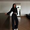 Cross-border European and American casual women's clothing fashion waist sexy zipper cardigan jacket lace-up trousers spring and autumn two-piece set