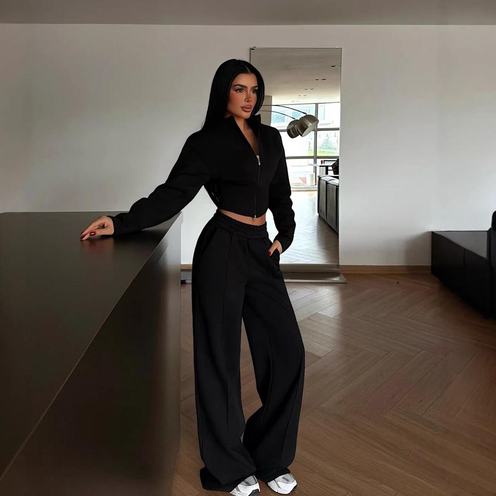 Cross-border European and American casual women's clothing fashion waist sexy zipper cardigan jacket lace-up trousers spring and autumn two-piece set