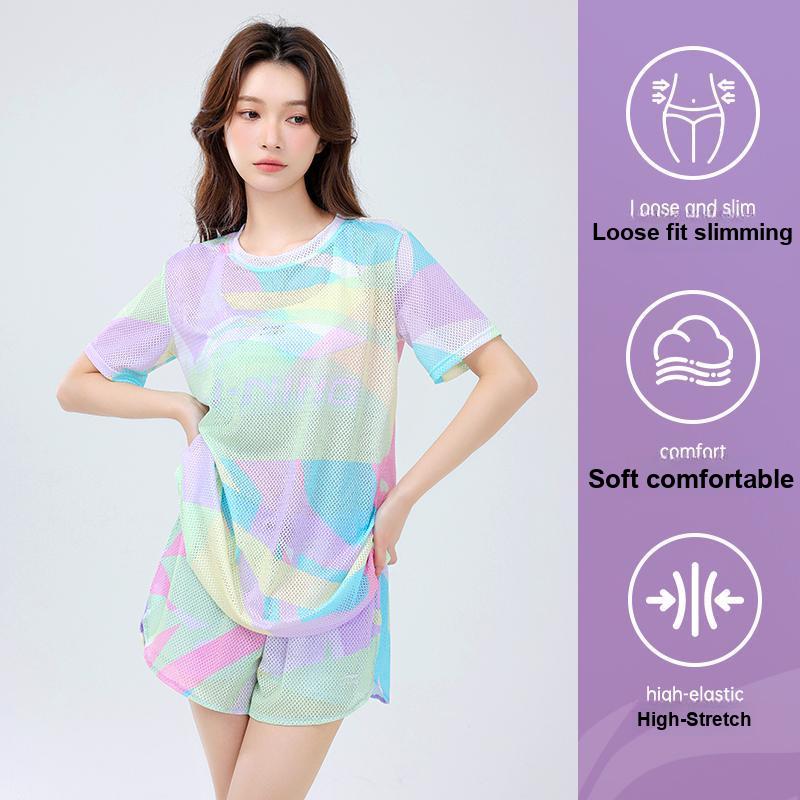 Li-Ning Fashionable Comfortable Simple UV Protection Outdoor Sports Two-Piece Swimsuit Women swimsuit Pink Floral LSYU040-3+LSYU041-1