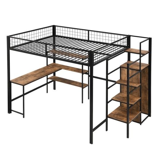 Iron Bed Several Shelves Bunk Built-in Wardrobe Desk Strong Load Adult Bearing Rustic Look Metal Frame Loft Home Furniture