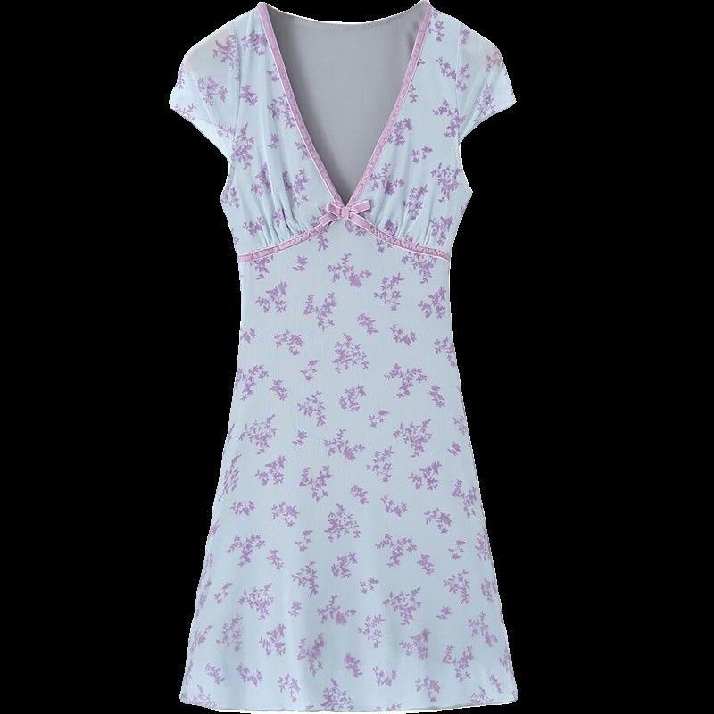 French pure desire wind contrasting color bow V-neck floral dress women's summer sweet babes sexy waist A-word short skirt