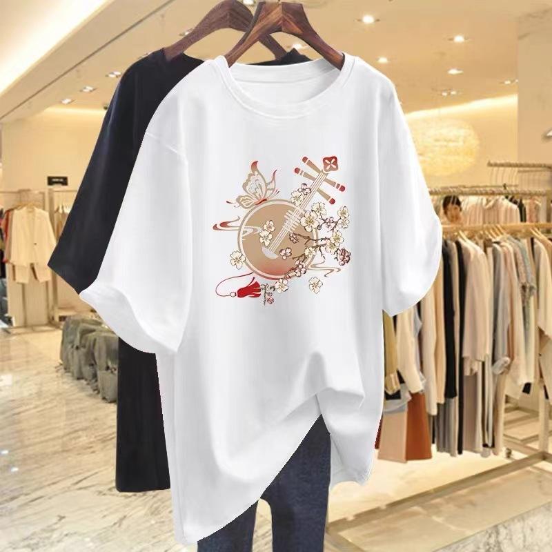 

Cotton white short-sleeved t-shirt women s medium and long summer 2025 new printed loose large size round neck half-sleeved top t S