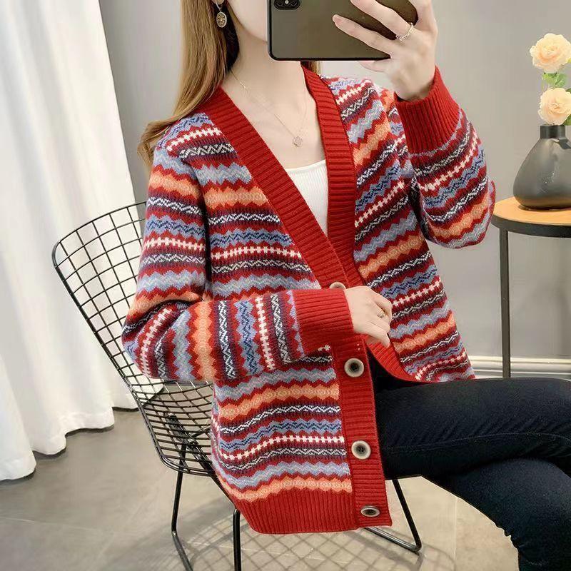 Autumn and winter foreign style striped retro jacquard long-sleeved knitted cardigan fashionable V-neck contrasting color with loose sweater jacket