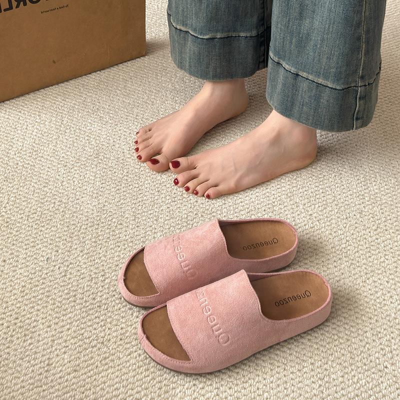Retro niche yellow frosted leather one-word open-toed platform slippers women's summer wear casual shoes cool slippers