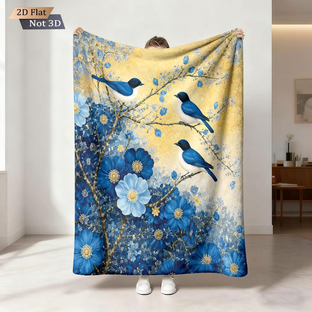 1Pc Chinese Style Flower Bird Print Flannel Blanket Multi Size Living Room Sofa Nap And Leisure Blanket Soft Machine Washable