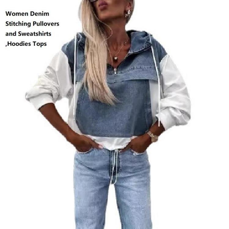 Women Autumn Long Sleeve Denim Hoodies Pullovers Stitching Sweatshirts Tops for Ladies