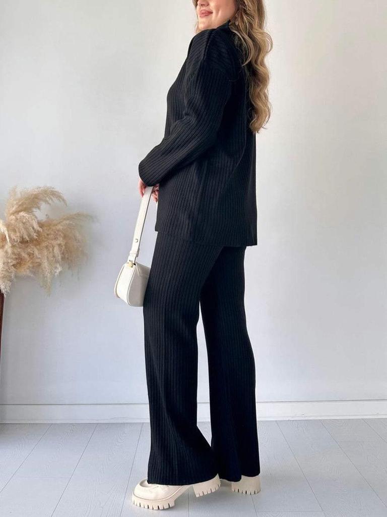 Spring 2025 Women's Solid Color Zippered Knit Set: High Neck Ribbed Loungewear Two-Piece