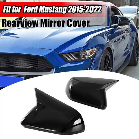 Glossy Black Horn Style Side Mirror Cover Caps Trims for Ford Mustang 2015-2022