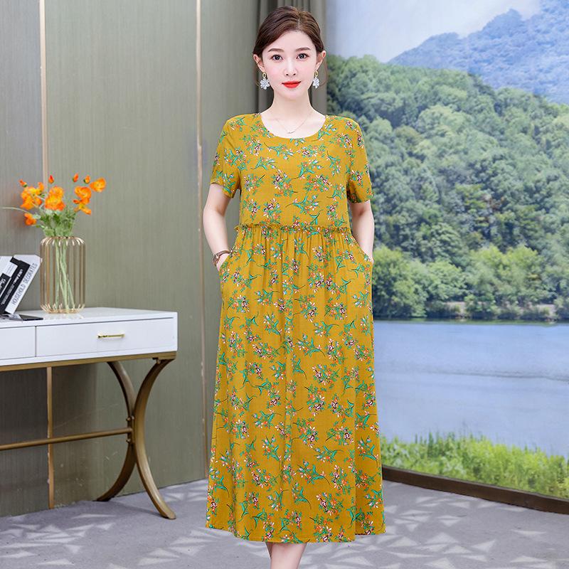 Plus Size Floral Cotton-Silk Dress for Women - Summer Fashion, Elegant Long Swing Dress
