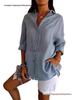 Women's Solid Color Single-Breasted Pleated Lapel Shirt with Roll-Up Sleeves - European & American Style