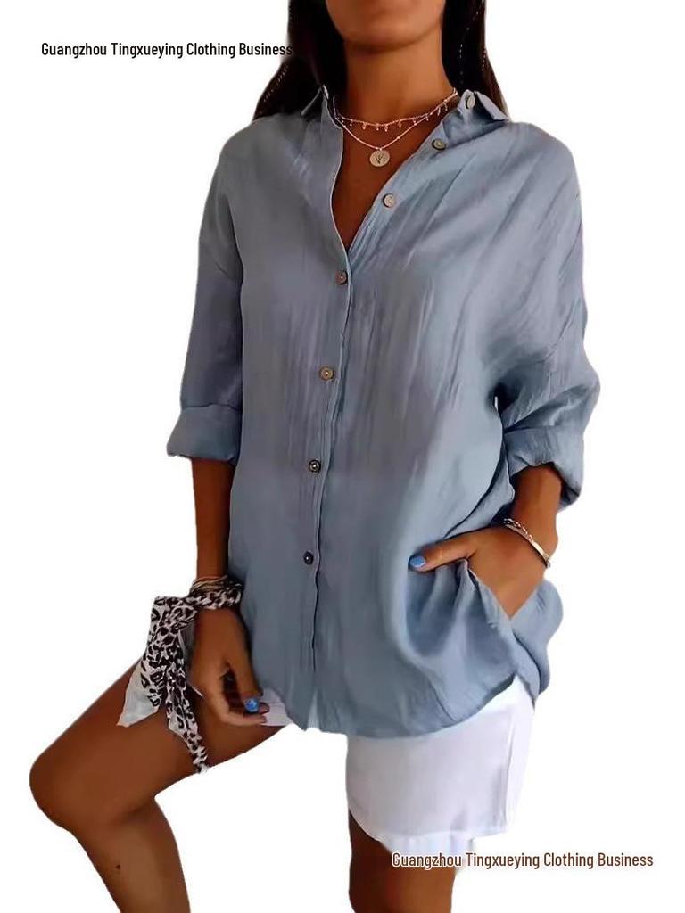 Women's Solid Color Single-Breasted Pleated Lapel Shirt with Roll-Up Sleeves - European & American Style