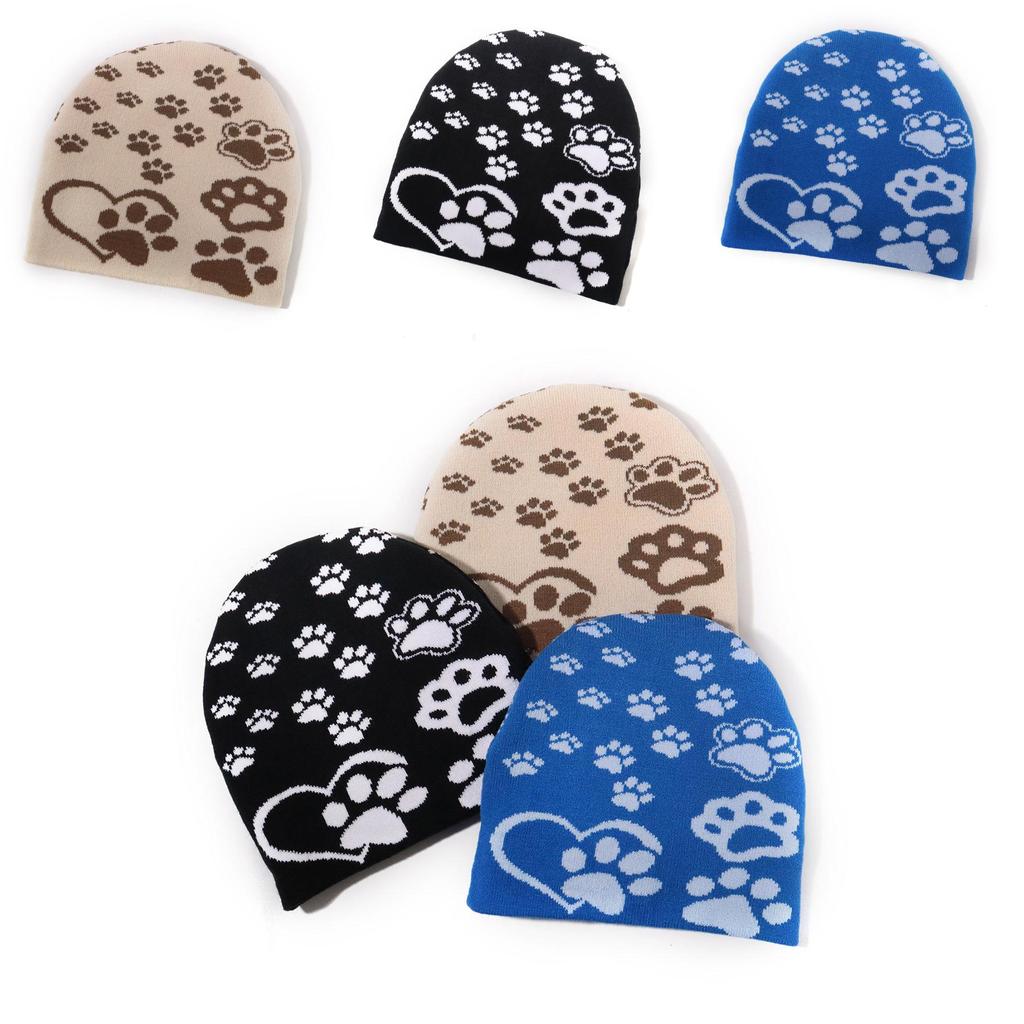 Winter Acrylic Knitted Hat With Paw Design For Outdoor Sports And Leisure Wear
