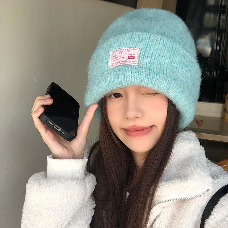 Blue wool knitted hat children's winter Korean versatile lake blue warm cold hat big head circumference ear protector wool hat
