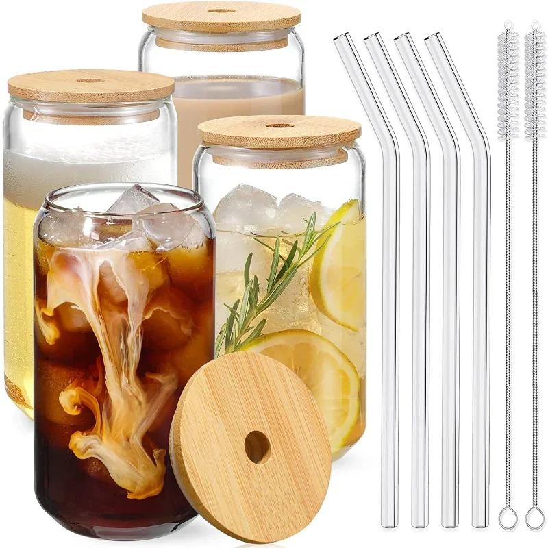 Drinking Cup Glasses with Bamboo Lid Juice Glass Straws Beer MugIce Coffee Mugs Cute Glasses Beer Jars Glasses Brush Drinkware