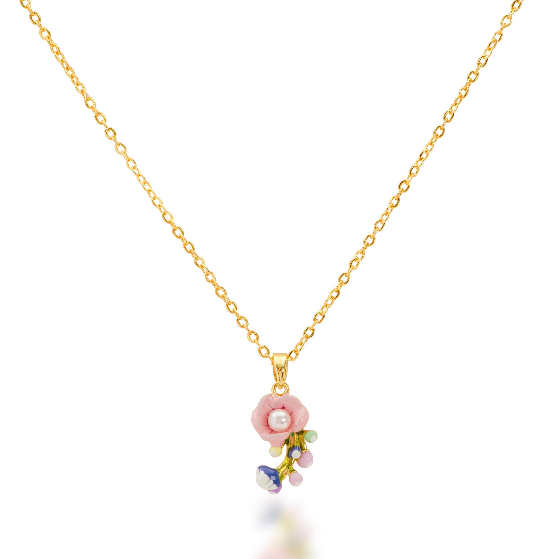 

European and American new fashionable exquisite oil drop enamel pearl flower pendant necklace women s high-end collarbone chain
