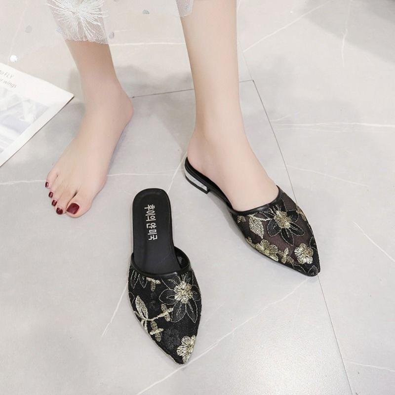 Fashion Slides Pointed Toe Embroidery Shoes for Women Sexy Woman Mules Slippers Low Heel New Collection Price Fashion 2025 Trend Sandals