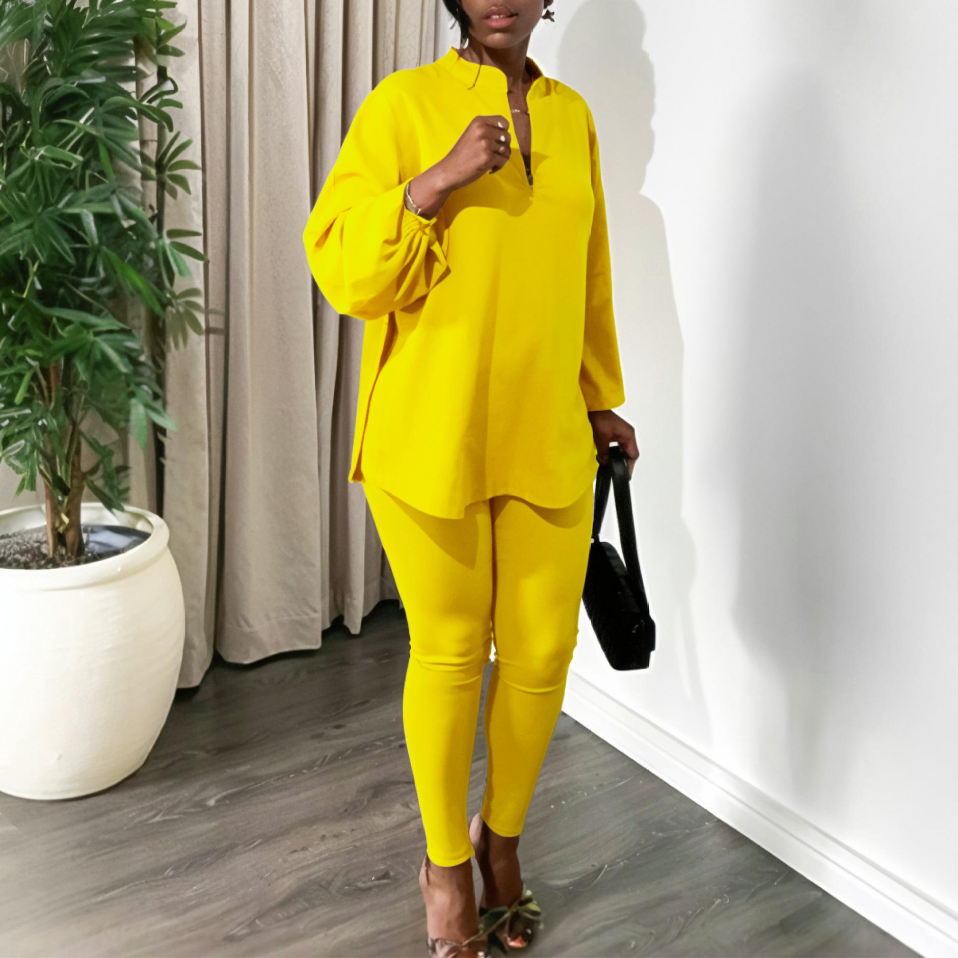 

YYFS Женская мода повседневная весна осень однотонные принты длинные рукава V-образный вырез блузки и рубашки брюки брючные костюмы XXXL жёлтый