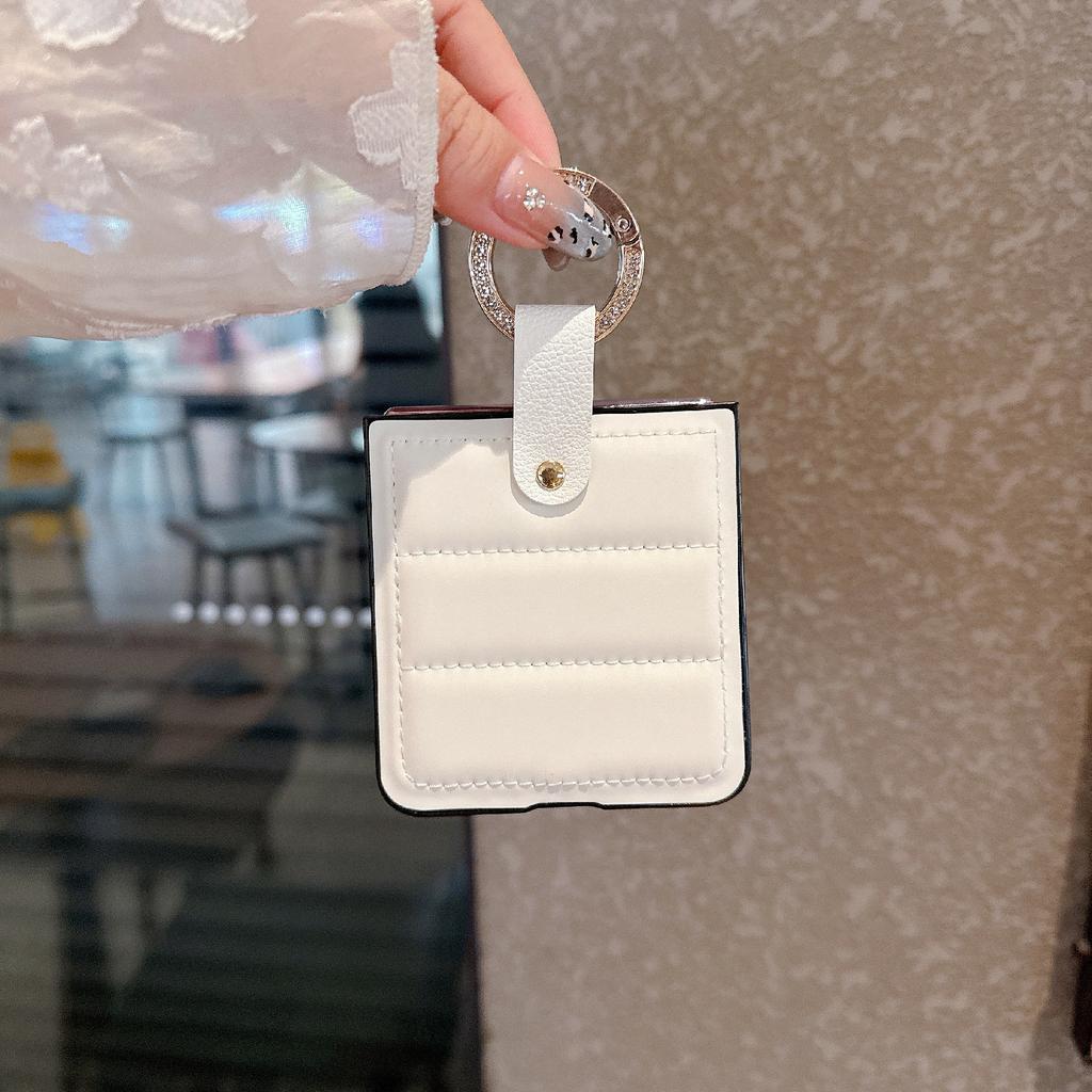 For Oppo Find N3 Flip 5G Case Down Jacket Style Rhinestone Decor Ring Holder Leather Coated PC Phone Cover