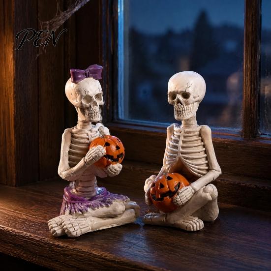 Indoor Festive Ornaments 2Pcs/Set Couple Skeleton Statues, with Pumpkin Figurines, Men Gothic Room Accessories Women for Halloween Table Mantel Shelf