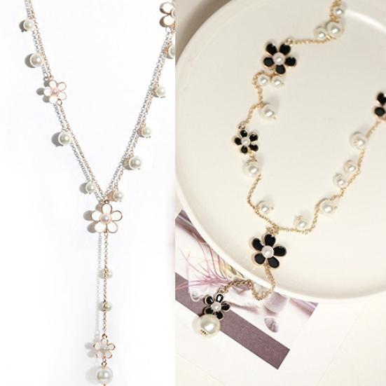 Women's Fashion Korean Style Faux Pearl Flowers Long Necklace Sweater Chain